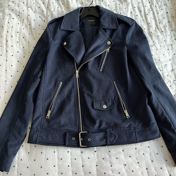 Theory Jackets & Blazers - NWOT Theory Navy Velvet Moto Jacket w/Silver Details - Size M